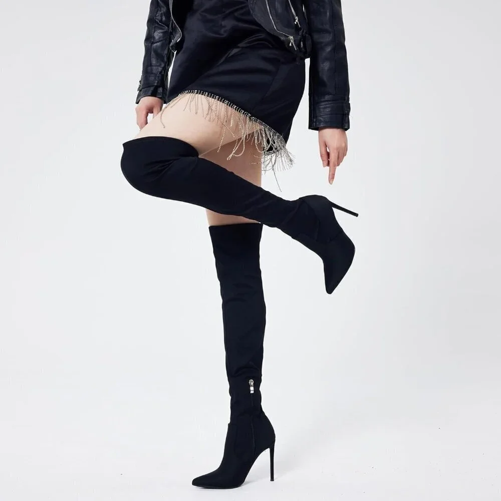 Women Black Neoprene Suede Pointed Toe 4.3 inch Stilettos Thigh High Heels Boots